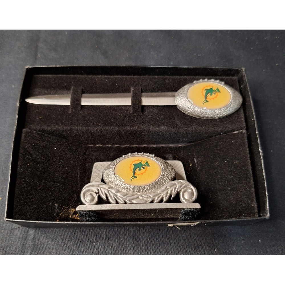 Vintage Miami Dolphins NFL Letter Opener and Business Card Holder Desk Set Boxed